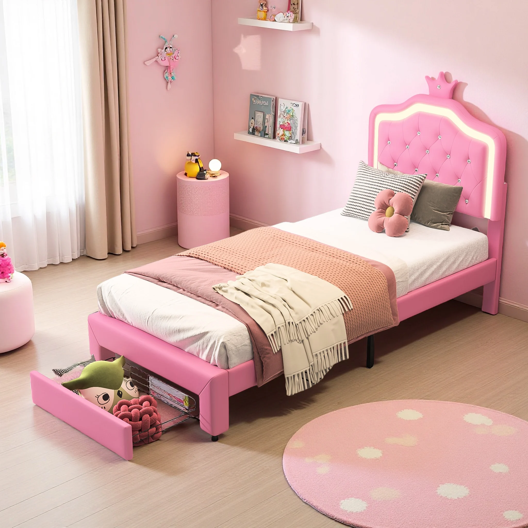 Anajqaqia 90×200 cm Kinderbett Einzelbett, mit Lattenrost, Crown Princess Stauraumbett mit Schubladen und LED-Kopfteil, PU Image