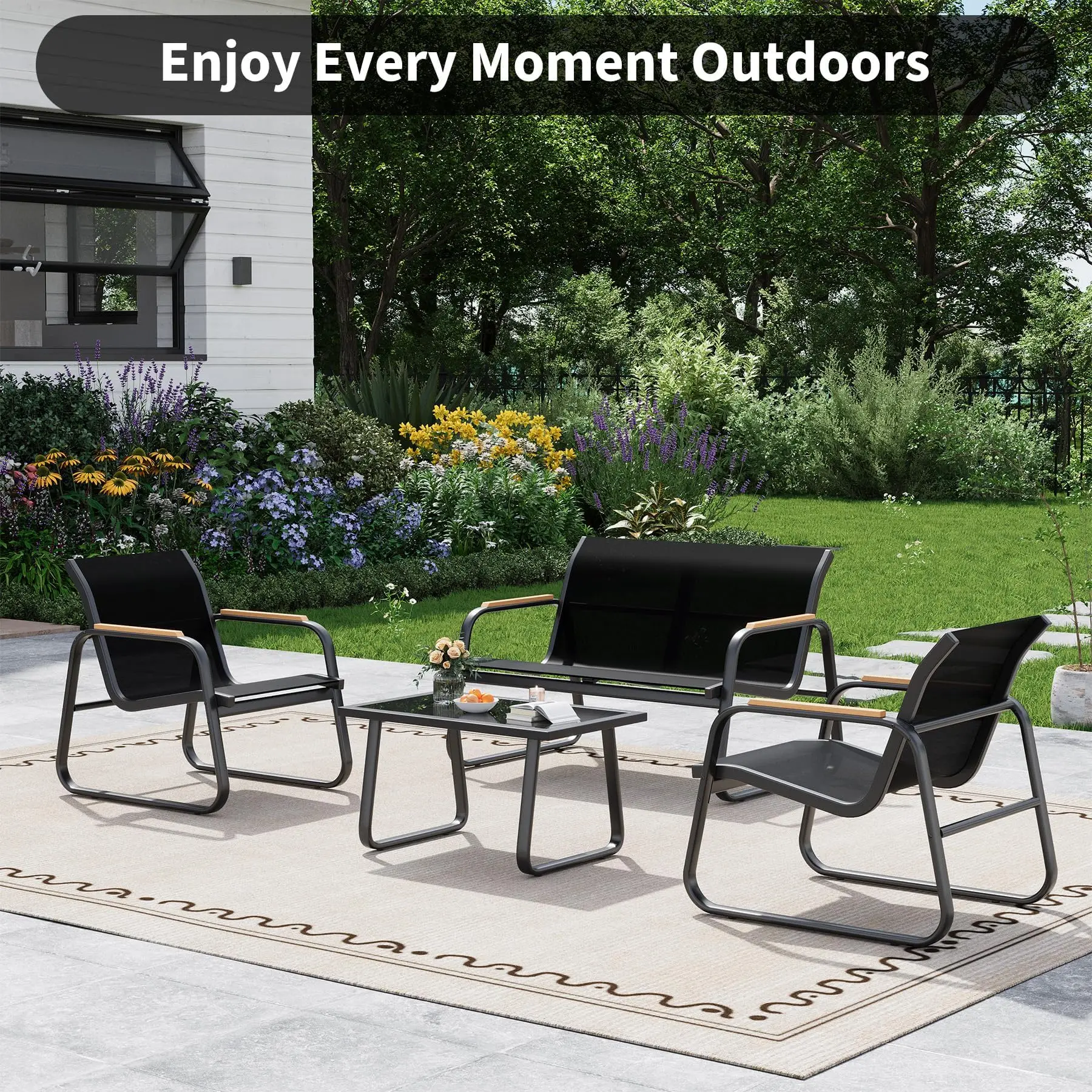 4-teiliges elegantes Terrassenmöbel-Set, 2-Sitzer-Sofa, 2 Sessel, Couchtisch aus Glas, wetterfest aus Metall und Textilene Image