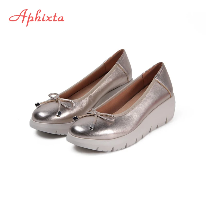 Aphixta 2025 Gold Süße Bowknot Loafers Patent Leder Keilabsatz Frau Schuhe Slip On Plattform Frau Mode Schuhe Plus Größe 42