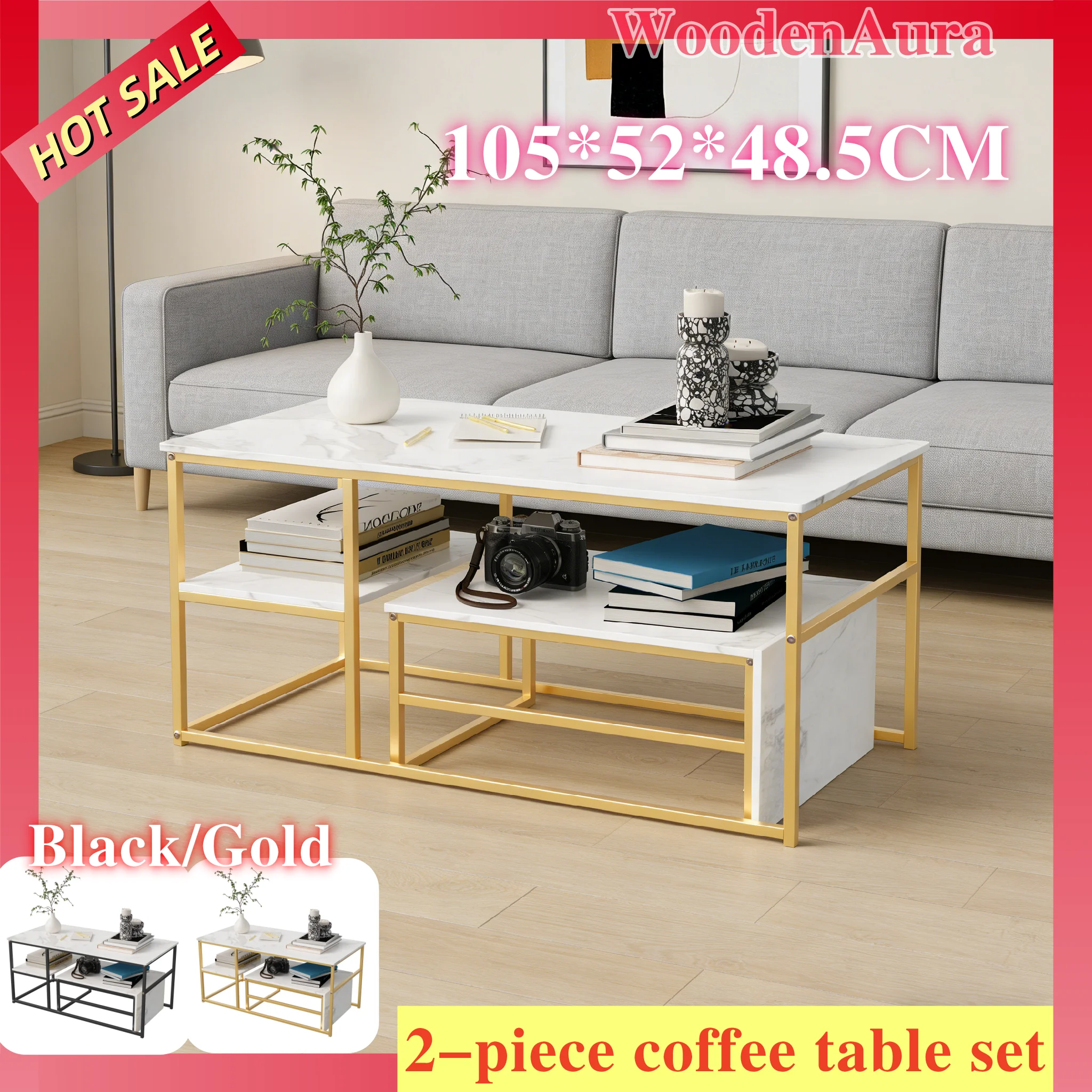 WoodenAura Beistelltisch, Wohnzimmertisch, Couchtisch mit Stahlgestell und Ablagen, Holz-Sofatisch, Metallgestell, schwarz/gold Image