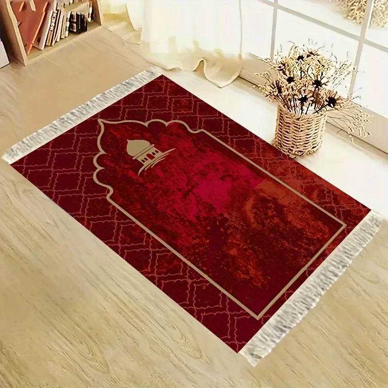 VIKAMA Minimalistischer Gebetsteppich mit weißen Quasten, islamischer Gebetsteppich für Zuhause, Schlafzimmer, Burgunderrot-Gold-Kuppel-Gebetsteppich Image