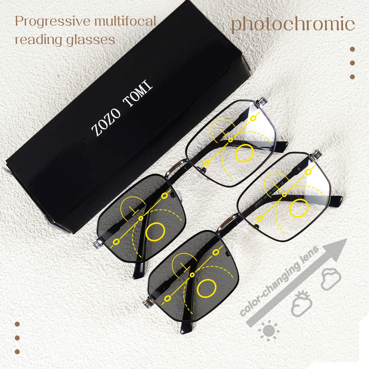 Photochrome, progressive multifokale Lesebrille, geeignet für verschiedene Szenarien, Metallfederscharnier, Blaulichtfiltergläser, klare Sicht, leicht zu tragen, geeignet für Männer und Frauen. Image