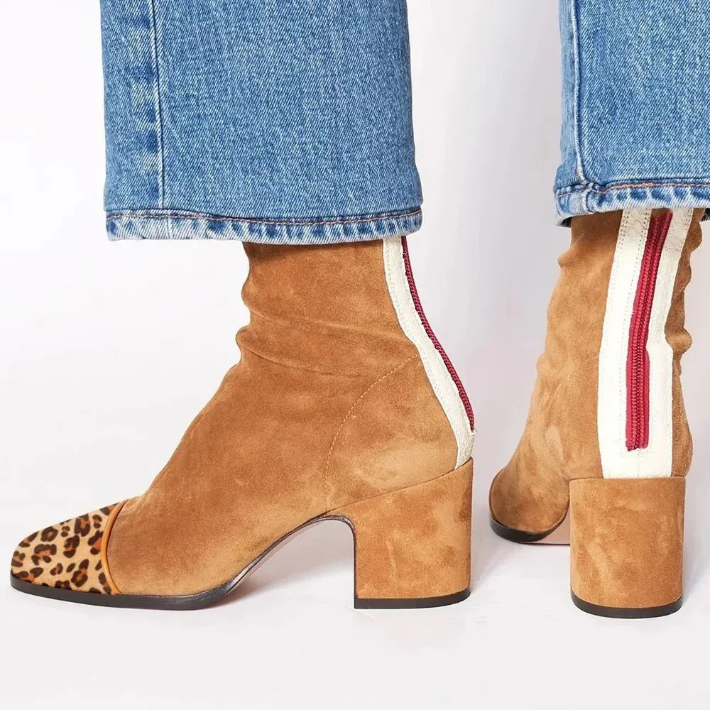 Patchwork-Wildleder-Leoparden-Stiefeletten mit quadratischer Zehenpartie, gelber klobiger Absatz, trendige Damenschuhe, kurze Stiefel mit Reißverschluss hinten