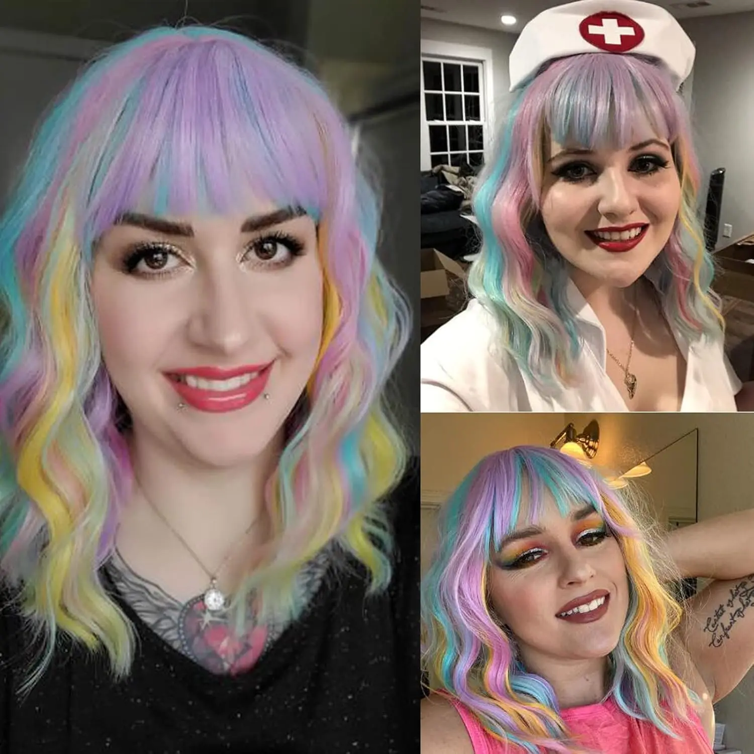 14" Frauen kurze gewellte lockige kurze Regenbogen Bob Perücke Cosplay Halloween synthetische Perücken mit ordentlich Bang Perücke Image