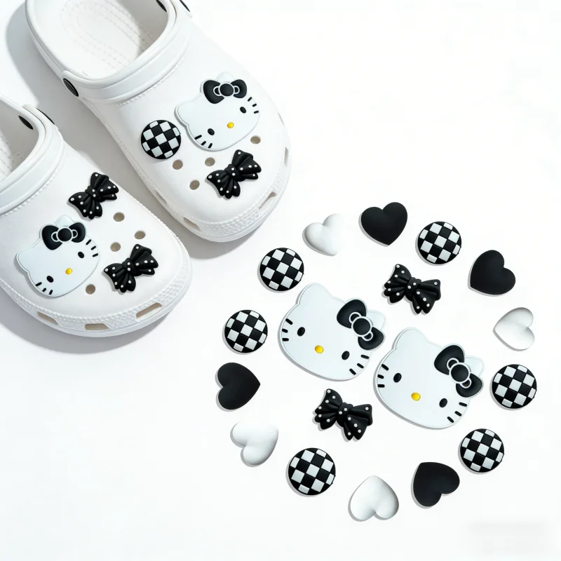 18 Stück Hello Kitty Schuh-Charms, Schachbrettmuster, Schleife & Herz, PVC-Schuhverzierungen, Zubehör für Sandalen und Armbänder