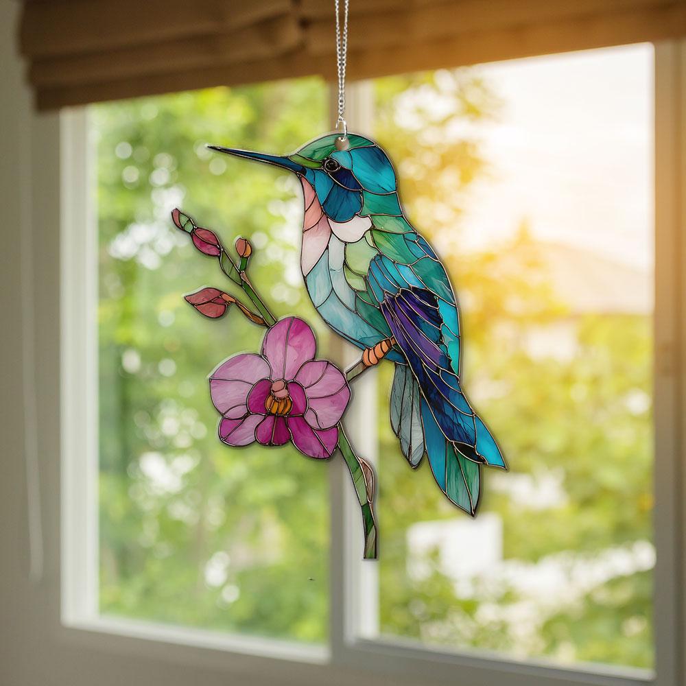 Acchiappasole in acrilico a forma di colibrì, uccello colorato da appendere alla finestra, decorazione floreale a forma di colibrì, uccello su ramo di