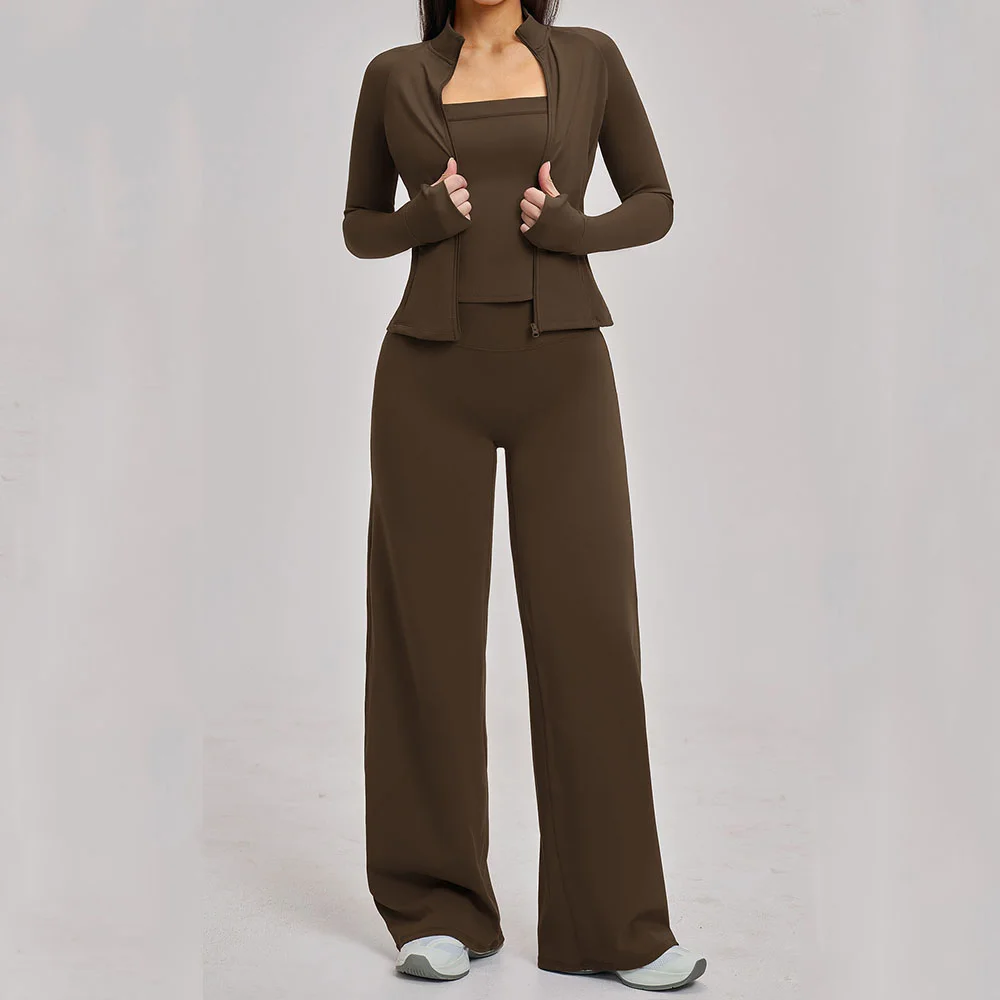 Ensemble de 3 pièces de sport pour femme : Soutien-gorge de sport antichoc, survêtement de cyclisme, tenue de fitness, course à pied, gym, ensemble de yoga à manches longues
