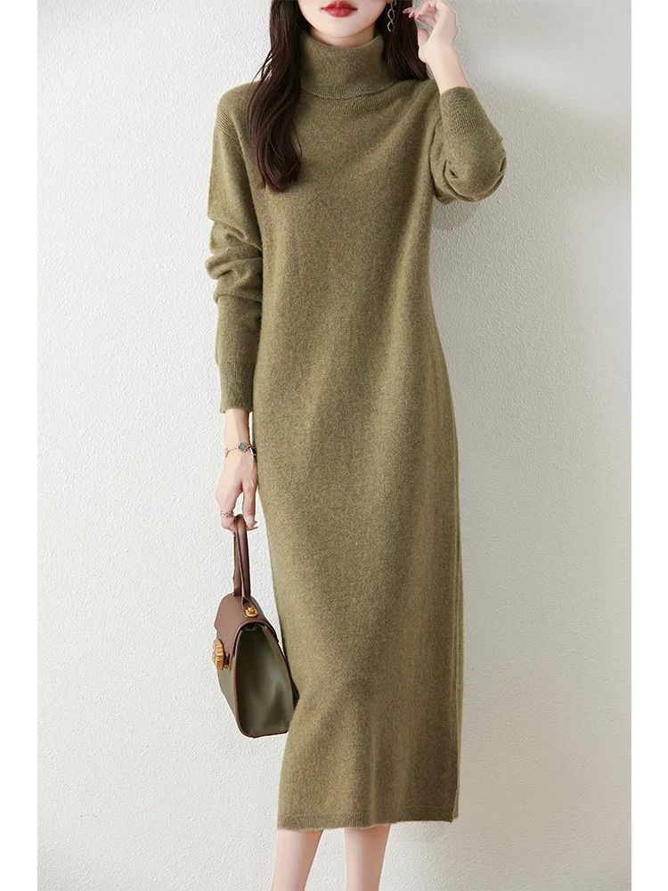 100% Merino Wool Turtleneck Knit Sweater Dress mocha Green xl