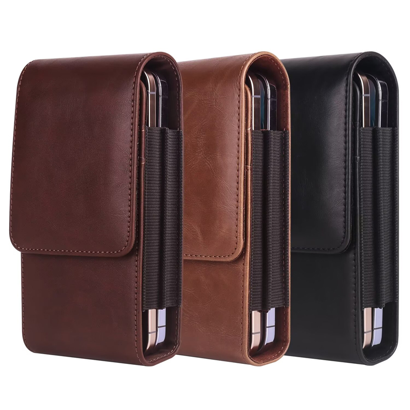 Vertical Dual Pouch Cell Phone Belt Pouch Durable Smartphone Waist Holder Case coffee