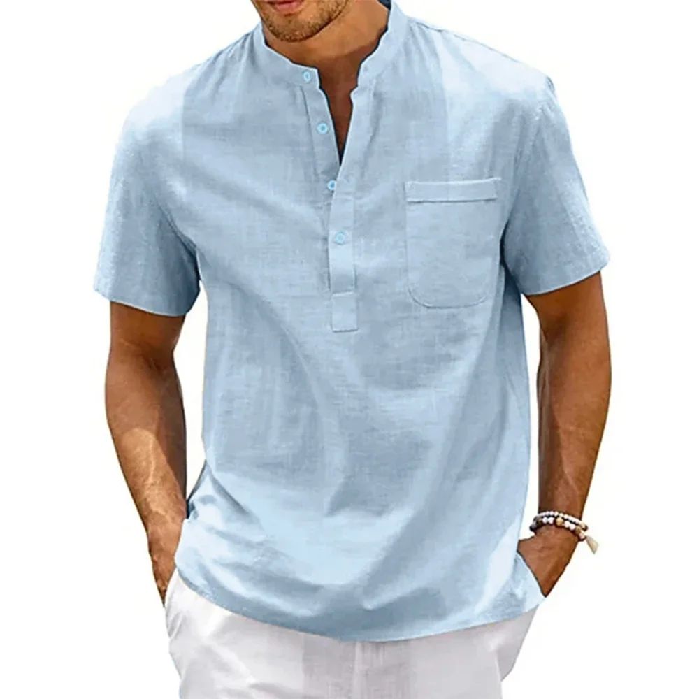 Men's Cotton Linen Henley Shirt Breathable Short Sleeve Casual Beach Tee gray us S 110132 Lb
