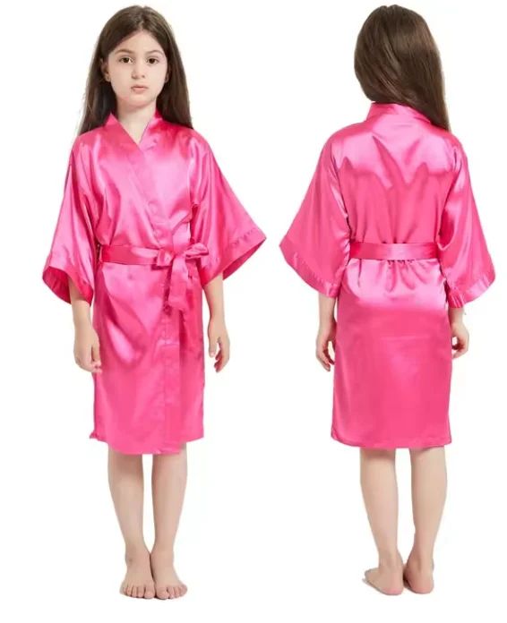 Girls Pink Satin Silk Kimono Robe Kids Short Sleeve Bathrobe Summer Sleepwear Party Dress rose 6