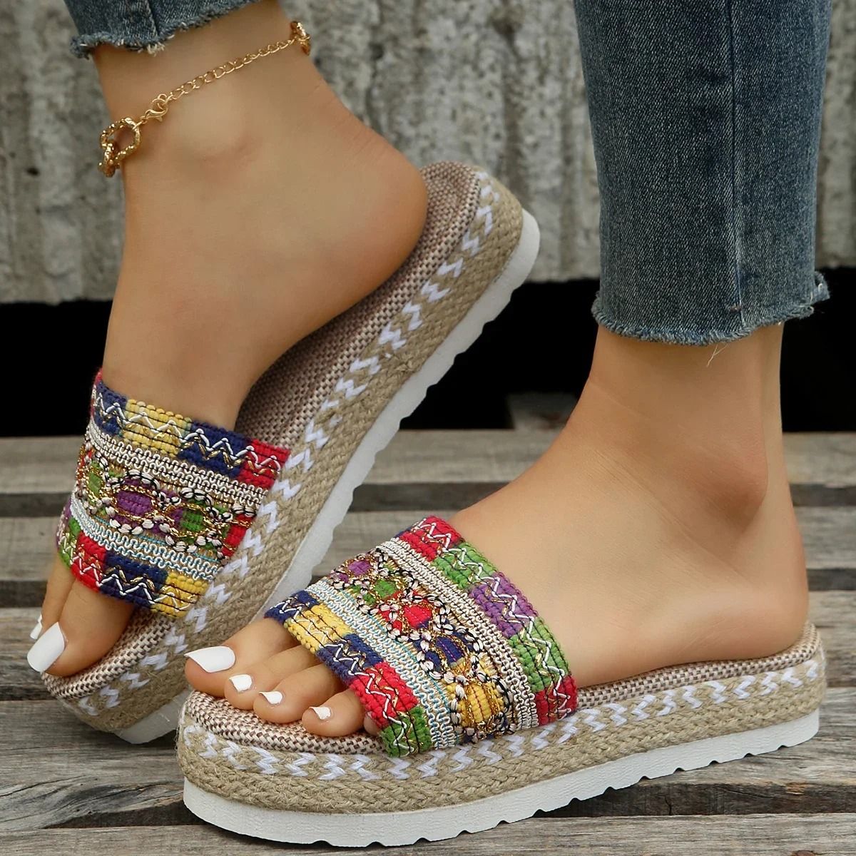 Weave Womens Slippers Platform Summer Shoes Bohemian Handmade Ladies Espadrilles Beach Heeled Sandals white us 6.5