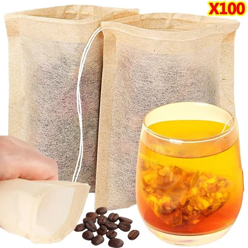 100Pcs Drawstring Teabags | Premium Biodegradable Filter Bags For Coffee, Herbal Medicine & Leaf Tea 6 X 8c M