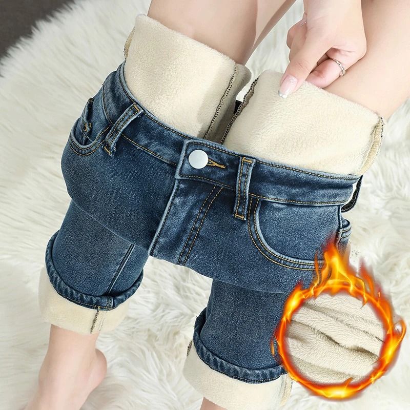 Womens Winter Fleece Lined Jeans Warm Retro Straight Denim Pants gray 27