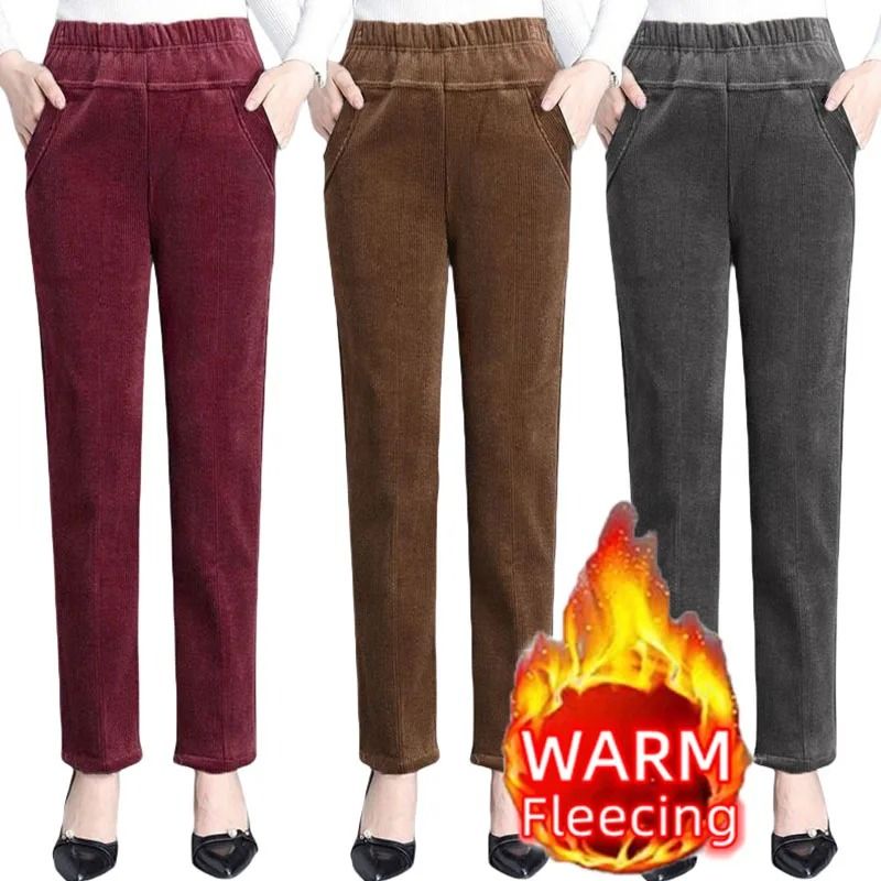 Womens High Waist Fleece Pants Elegant Corduroy Leggings Warm Winter Pencil Trousers brown m
