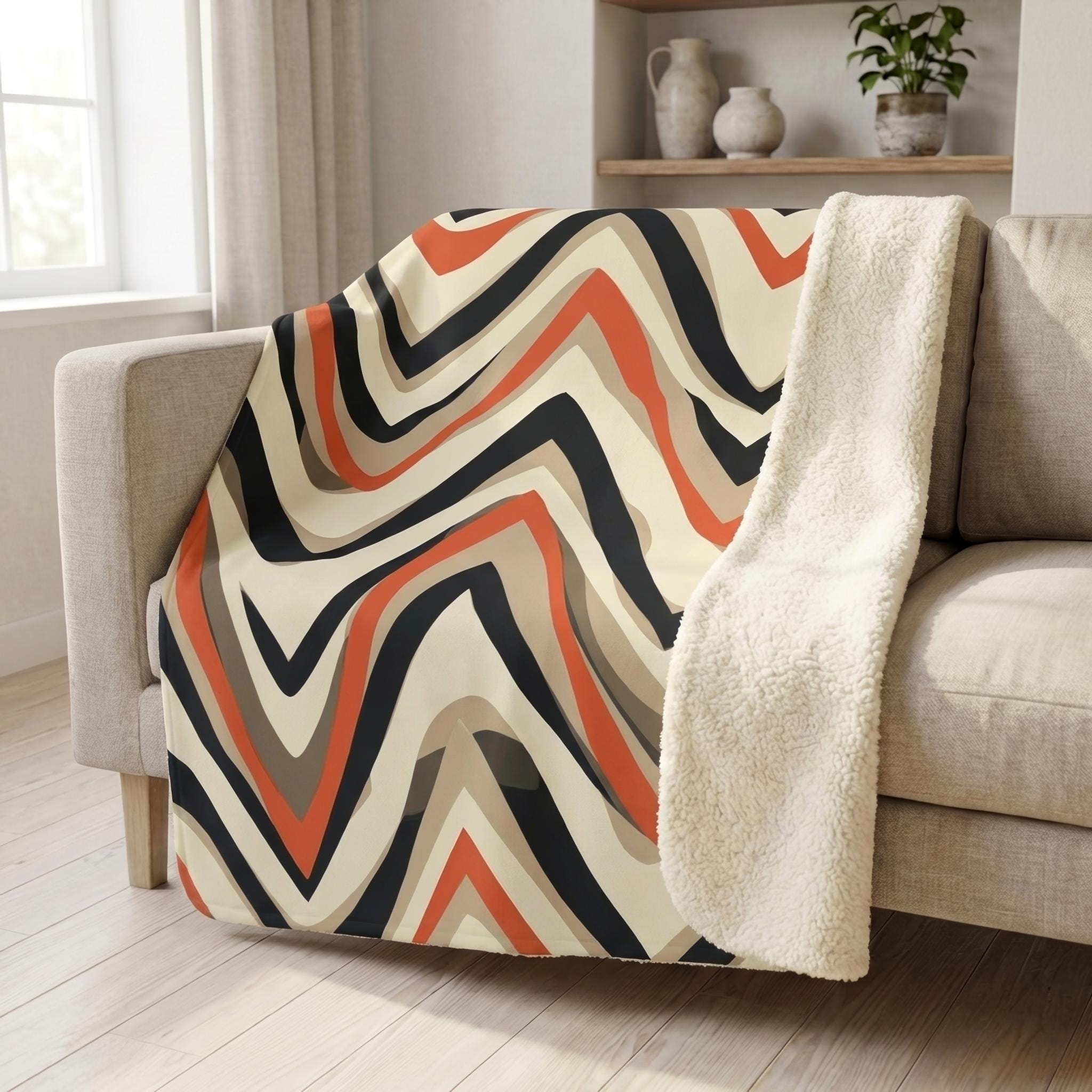 Coperta Boho, coperta in pile Sherpa con motivi geometrici, coperta da divano color terracotta, nero e crema, arredamento moderno in stile boho per la