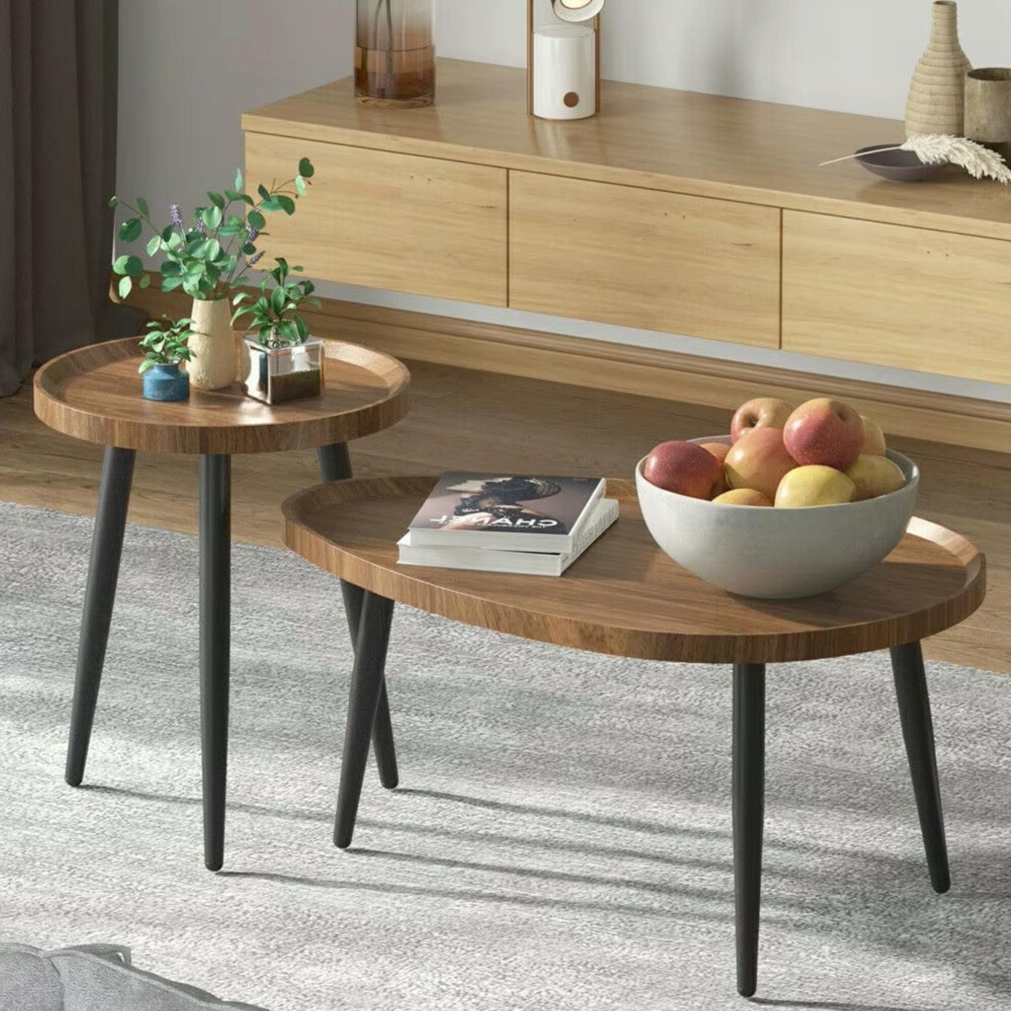 Set di 2 tavolini da caffè in stile Mid-Century, tavolini impilabili in legno rustico, set di tavolini laterali moderni per soggiorno, tavolini rotond