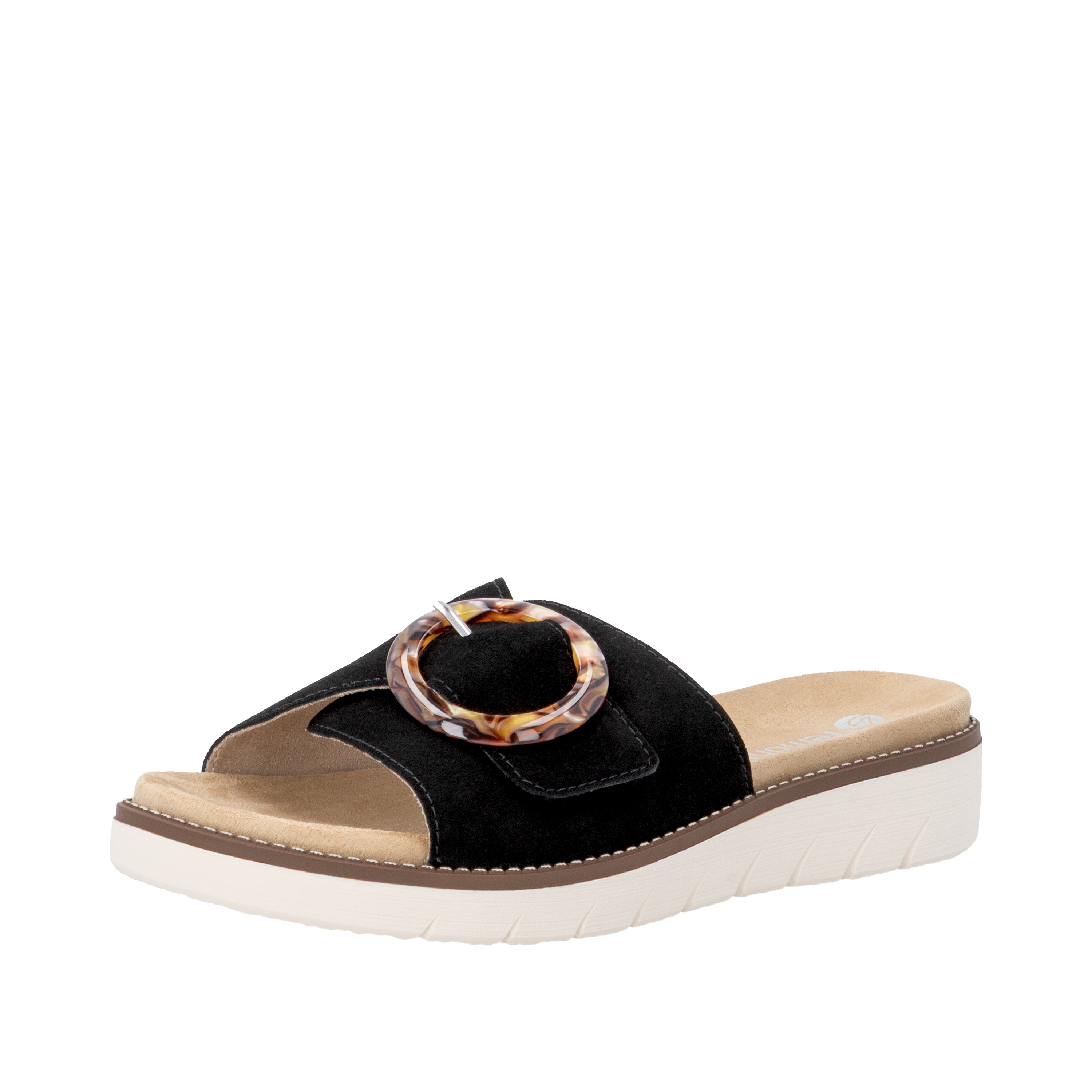 Pantolette REMONTE, Damen, Gr. 40, schwarz, Ziegenveloursleder, unifarben, Basic, Schuhe Pantolette, Sommerschuh, Hausschuh mit praktischem Klettverschluss Image