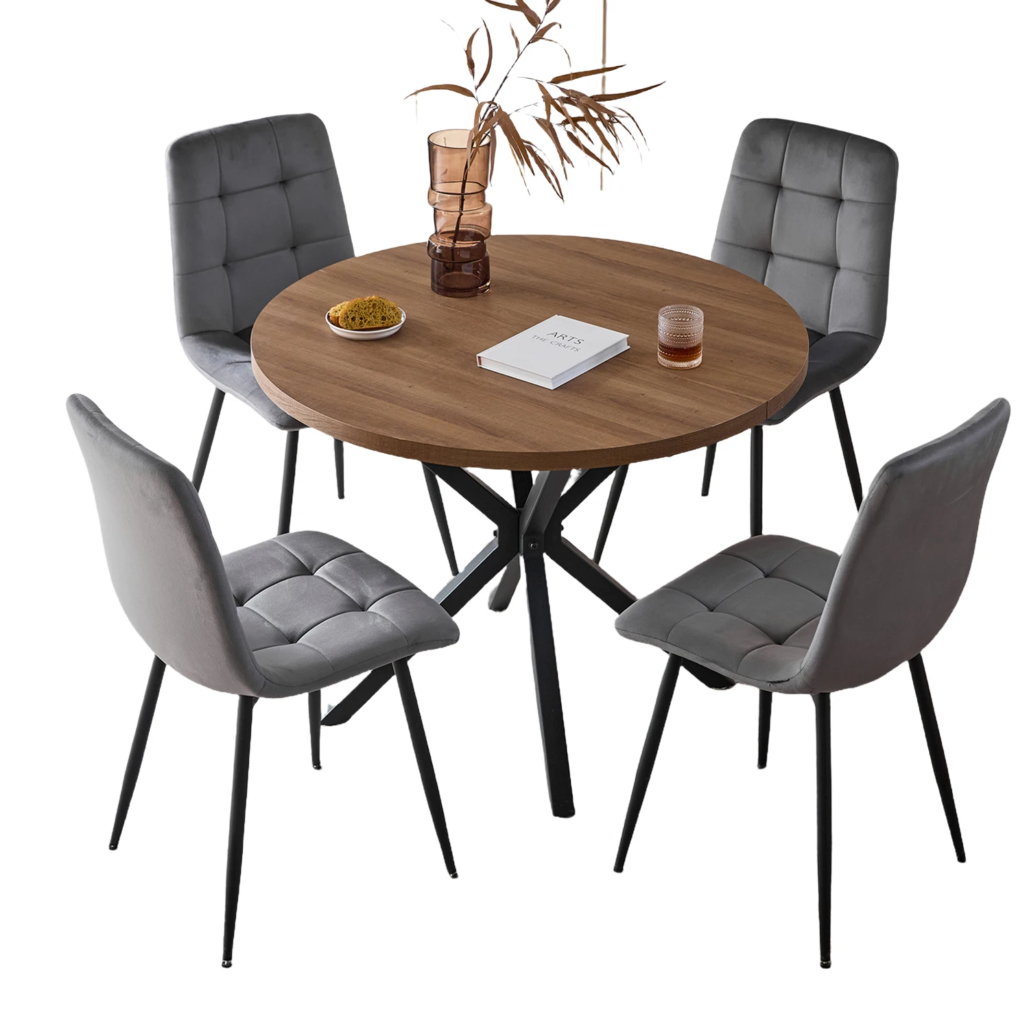 GrandCA HOME 4x Samt-Esszimmerstühle + runder Esstisch, 100 cm runder Esstisch-Set mit gepolsterten Stühlen für das Wohnzimmer