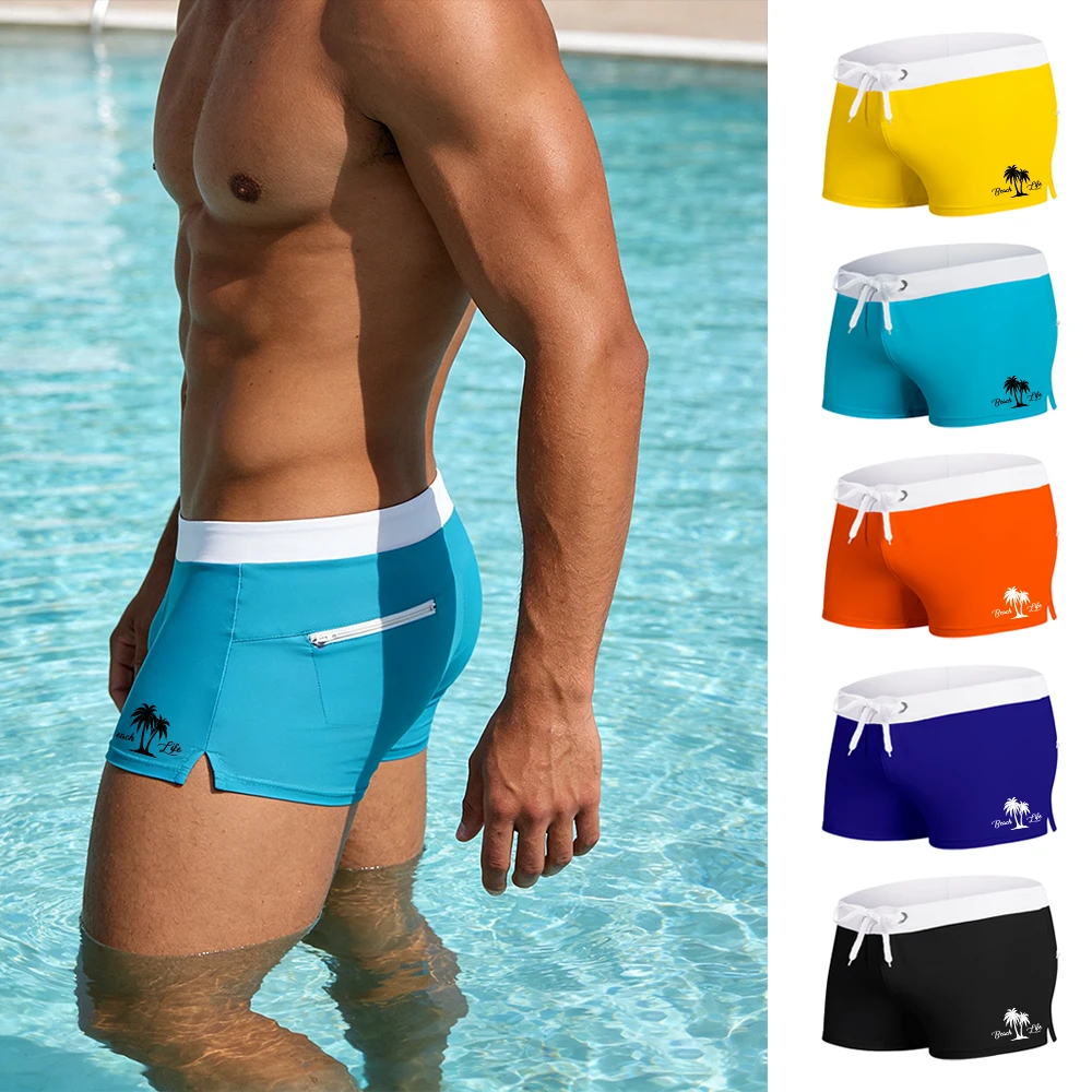 Sommer-Strandshorts mit Kokosnussbaum-Print für Herren, zum Schwimmen, Fitness, Sport, mit Reißverschlusstasche, atmungsaktive Badehose, Badebekleidung Image