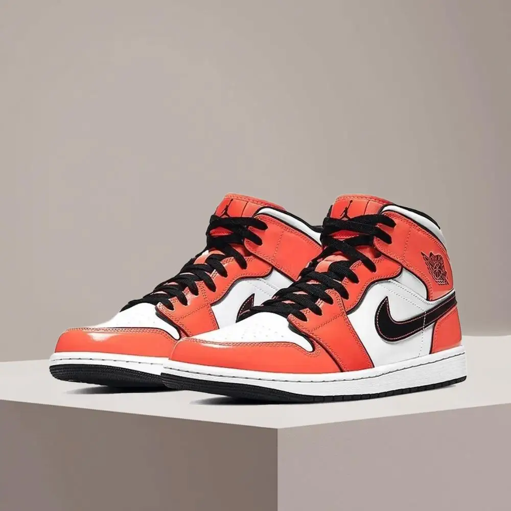 Nike Air Jordan 1 Mid Retro Basketballschuhe Bequeme und rutschfeste Unisex-Schuhe in Schwarz/Weiß/Orange DD6834-802