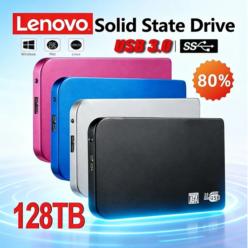 Lenovo 128TB Hochgeschwindigkeits-SSD-Gehäuse, HDD/SSD-Speicherbox mit Kabel, USB3.0 Externes Mobiles Festplattengehäuse, ABS-Material Image