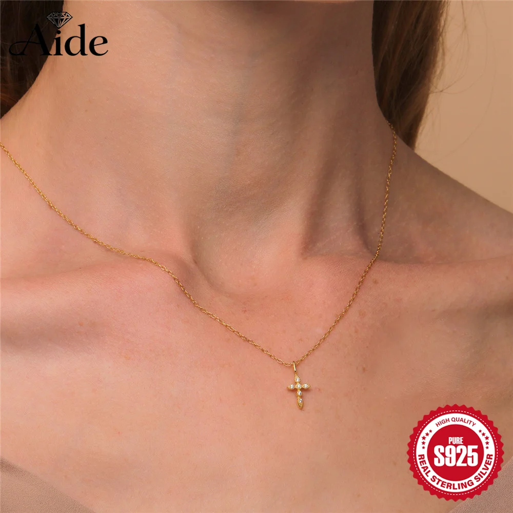 AIDE 925 Sterling Silber Kristall-Kreuz-Anhänger für Damen, Schlüsselbein-Kette, schlichte Choker-Halskette, sexy Pop-Wind-Party-Geschenke Image