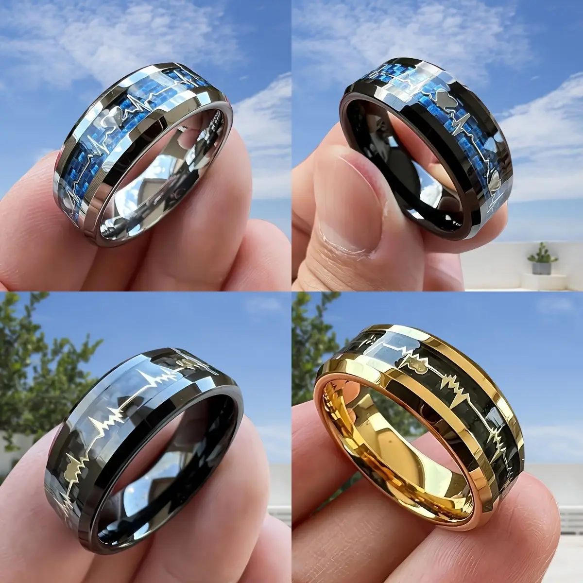 8MM Einzigartige Engagement Herz Linie Edelstahl Ringe Carbon Faser Intarsien Persönlichkeit Hochzeit Band Schmuck Party Großhandel Image