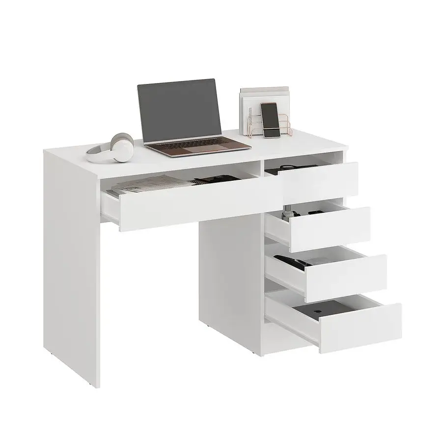 Schreibtisch mit 5 Schubladen, weißer Computertisch, Bürotisch, Kinderschreibtisch mit Stauraum, PC-Tisch für Teenagerzimmer, Arbeitstisch