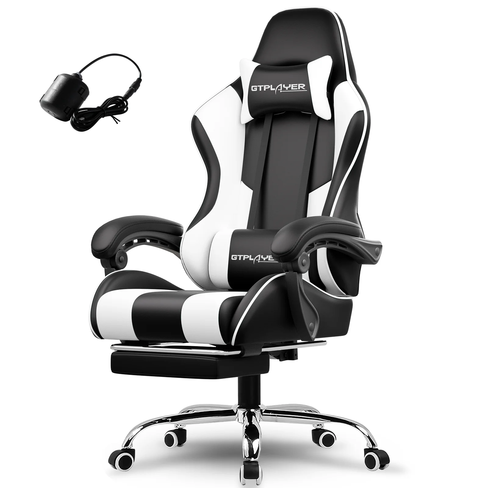 GTPLAYER Gaming Stuhl Bürostuhl Massage Gaming Sessel Ergonomischer Gamer Stuhl mit Fußstütze, Massage-Lendenkissen, Drehsessel