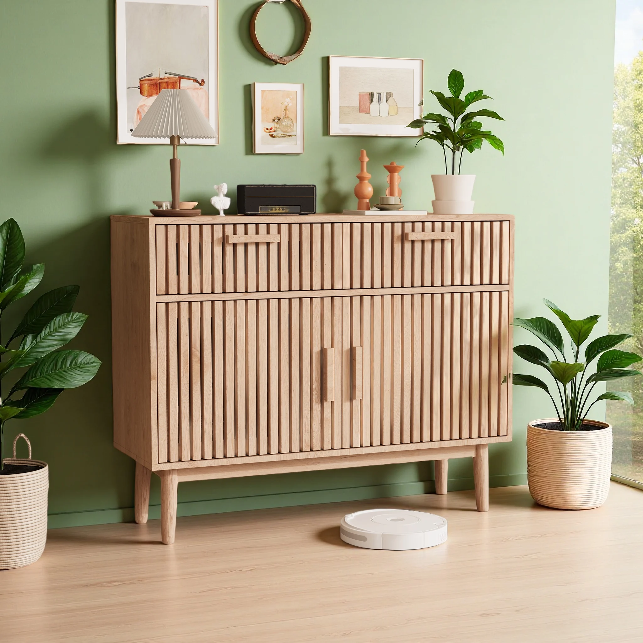 Meuble à chaussures, meuble de salon, avec 2 tiroirs et 2 portes, dimensions 100 x 35 x 80 cm, meuble de rangement, meuble à chaussures, couleur bois naturel.