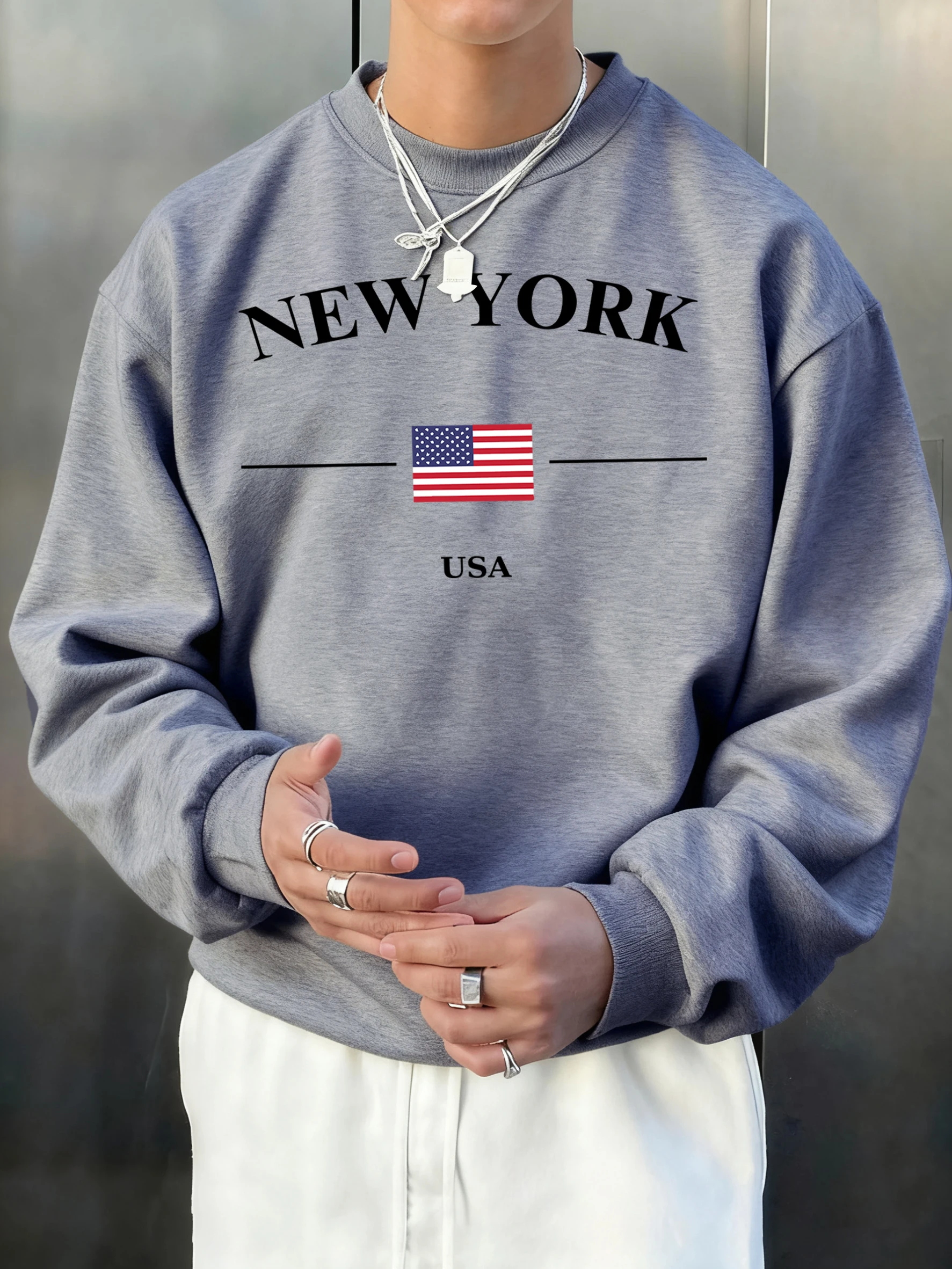 New York USA Flaggen-Prints Herren Pullover Herbst O-Ausschnitt Sweatshirt Hip Hop Trendige Kleidung Lässiges Fleece Unisex Basics Langarm