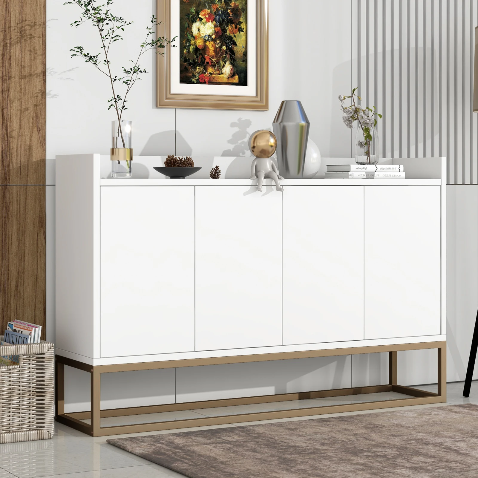 Rosahqnda Modernes Sideboard im minimalistischen Stil, 4-türiger, griffloser Buffetschrank für Esszimmer, Wohnzimmer, Küche