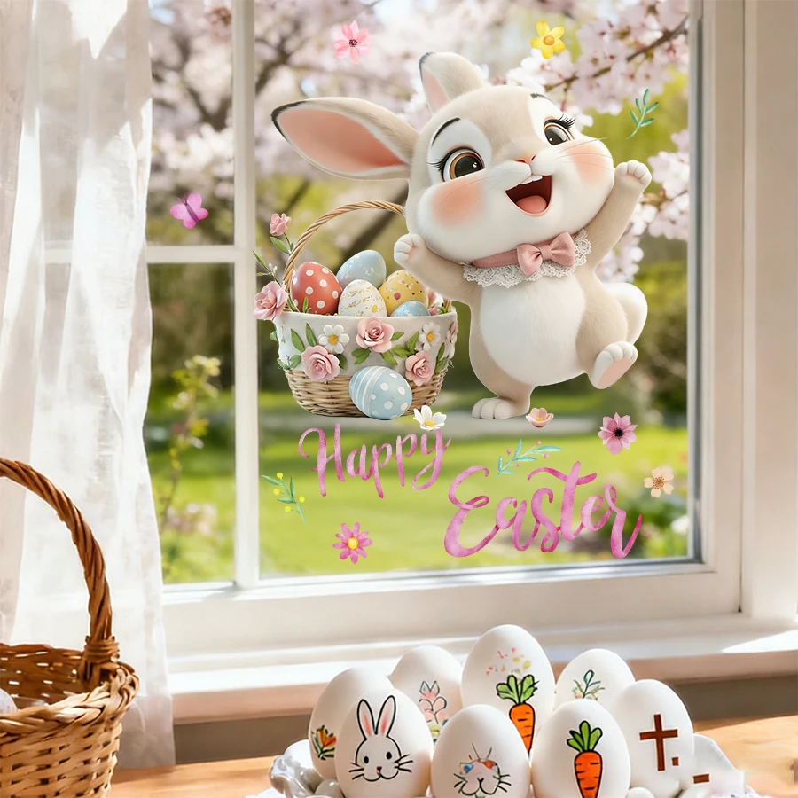 1 Stück Oster-Fensteraufkleber, statische Aufkleber, niedlicher Hase, Eierkorb, Frohe Ostern, Aufkleber für Kinderzimmer, Frühlings-Glasdekoration, wiederverwendbares PVC Image