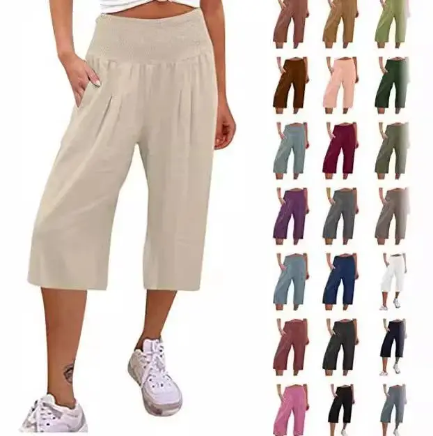 Sommer 2024 Amazon Eurn Frauen grenz überschreitende Baumwolle Hanf sieben Taille Tasche Tasche Tasche Tasche weites Bein Hosen Frau Image