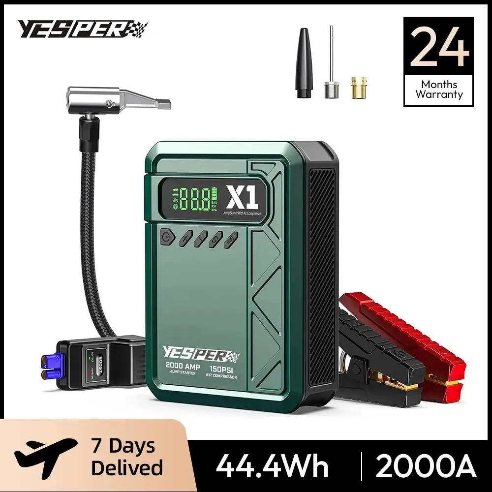 YESPER 2000A Starthilfe mit 150PSI Luftkompressor, Tragbarer Autobatterie-Booster & Reifenfüller, Notfall-LED-Anzeige Image