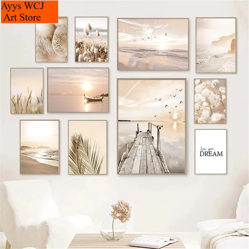 1 Stück rahmenloses Leinwandbild Sonnenuntergang Meer See Boot Brücke Leinwandgemälde Möwe Strand Poster Beige Blatt Schilf Wandkunstdruck Nr.