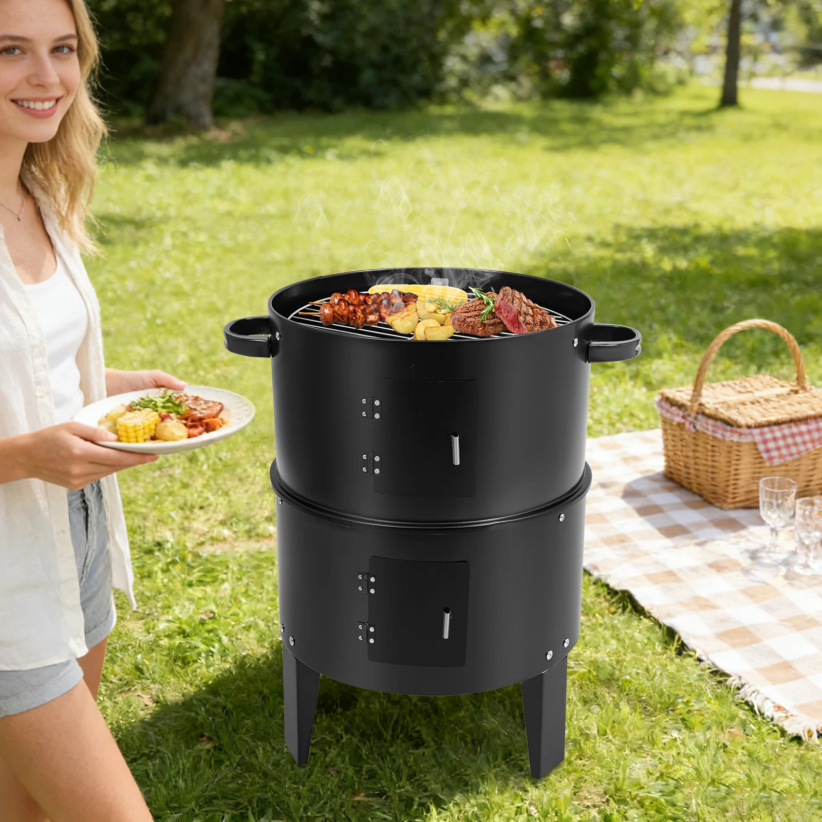BBQ Grill Smoker Ofen 3-in-1 Multifunktionaler Tragbarer Holzkohlegrill für Outdoor-Kochen, Räuchern, Schmoren, Picknick und Camping Image