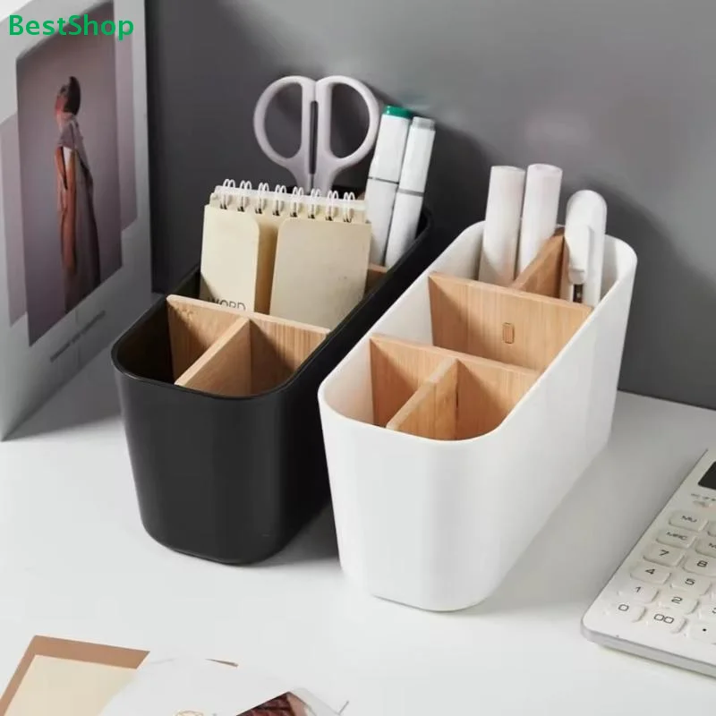 〔Y〕 Schreibtisch-Organizer aus Bambus, Stifthalter aus Kunststoff mit mehrfach unterteiltem Stauraum für Bürobedarf Image