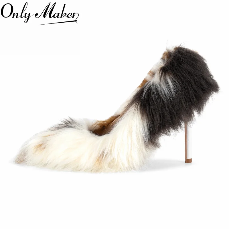 Onlymaker Women Pumps Faux Fur Pointed Toe 10CM Slip-On Thin Heels Party Wedding Office Lady Big Size Pumps