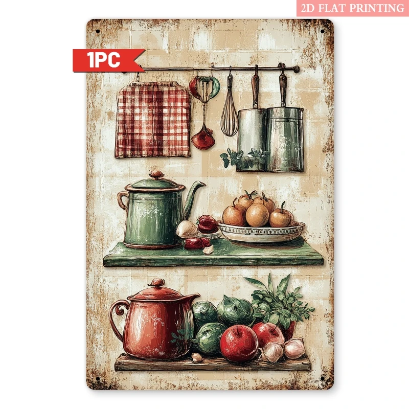 2D-Flachbild – Ein 2D-Metallschild mit Vintage-Küchenutensilien, 8x12 Zoll groß, perfekt für die Heimdekoration im Retro-Stil. Image