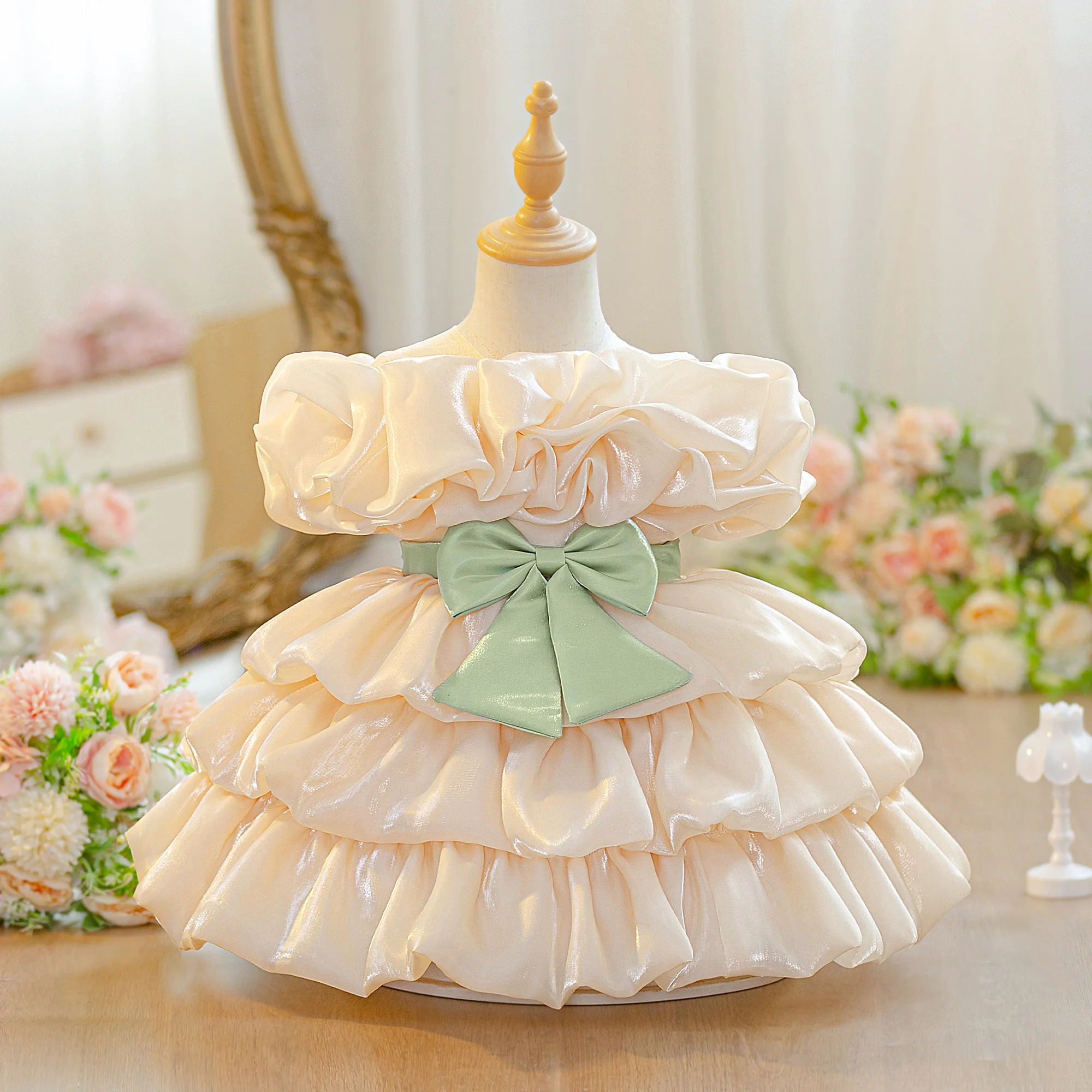  Baby Mädchen Schleifenkleid mit Lagen, Niedliches Festkleid für Kleinkinder, Geburtstagskleid, Hochzeitskleid, Prinzessinnenkleid für Taufe und Partys Image