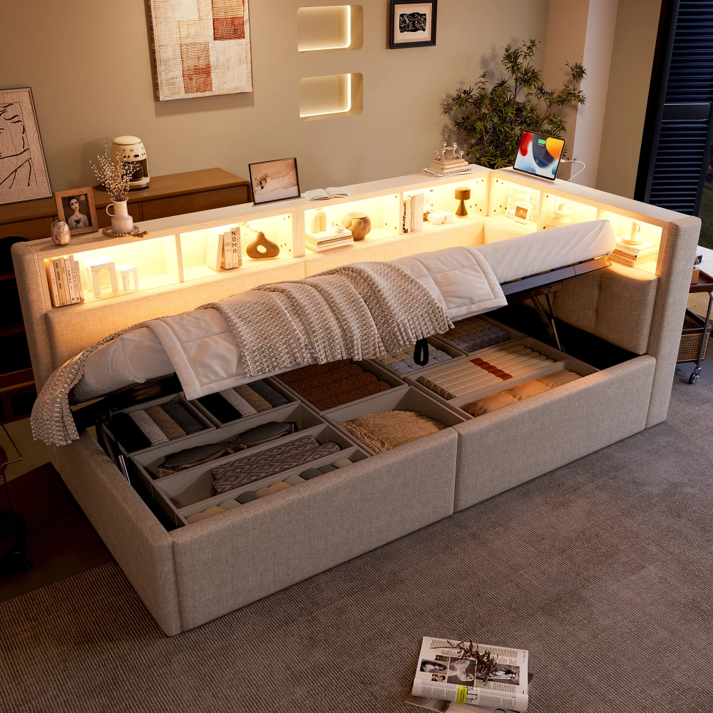 90×200cm großes, multifunktionales Tagesbett aus Leinen, USB- und Typ-C-Ladeanschlüsse, LED-Streifen, hydraulischer Stauraum und mehrere Fächer Image