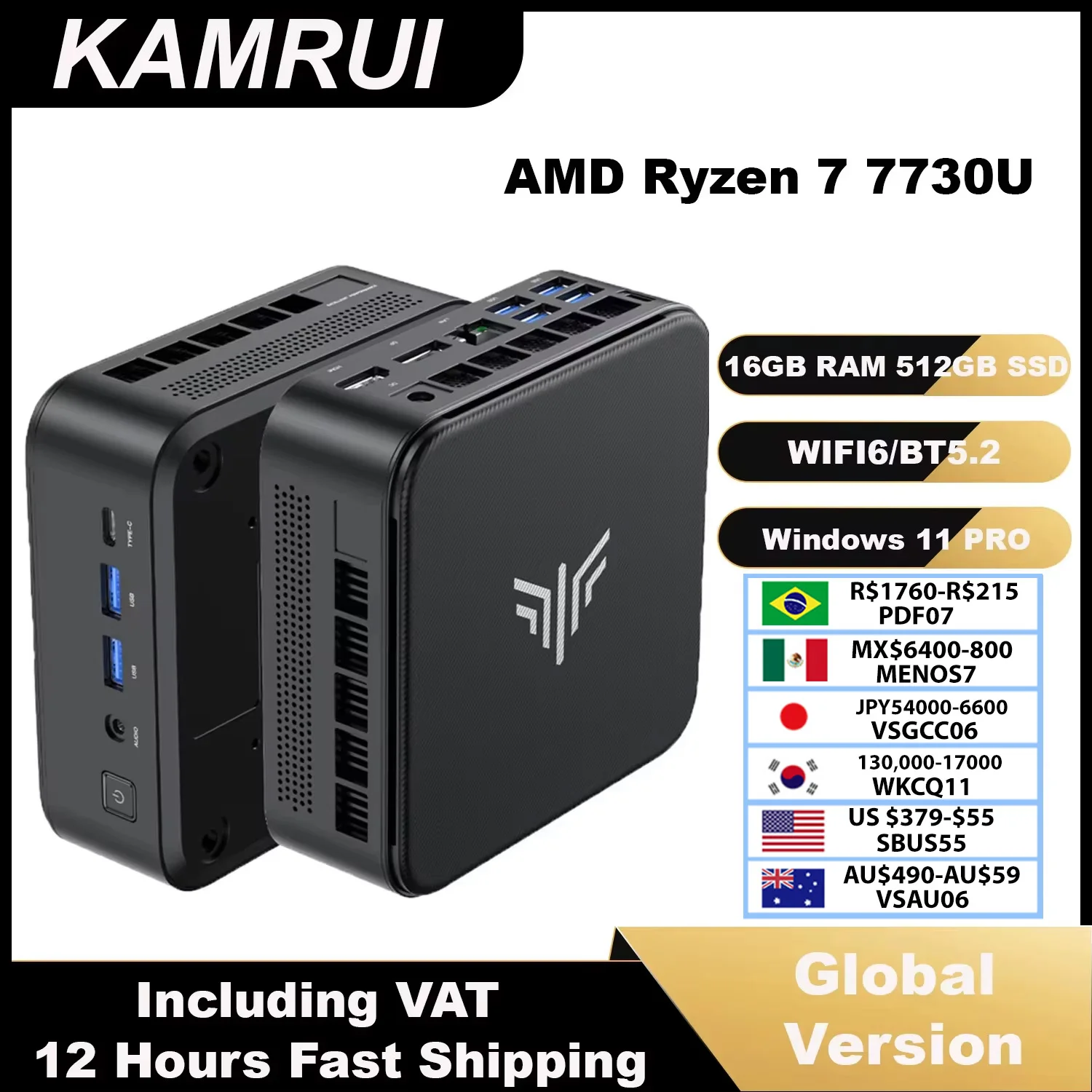 KAMRUI Mini PC AMD R7 7730U V2748 16GB RAM 512GB M.2 SSD Triple 4K Desktop Computer Small PC WiFi6 Win11Pro for Home Office Game
