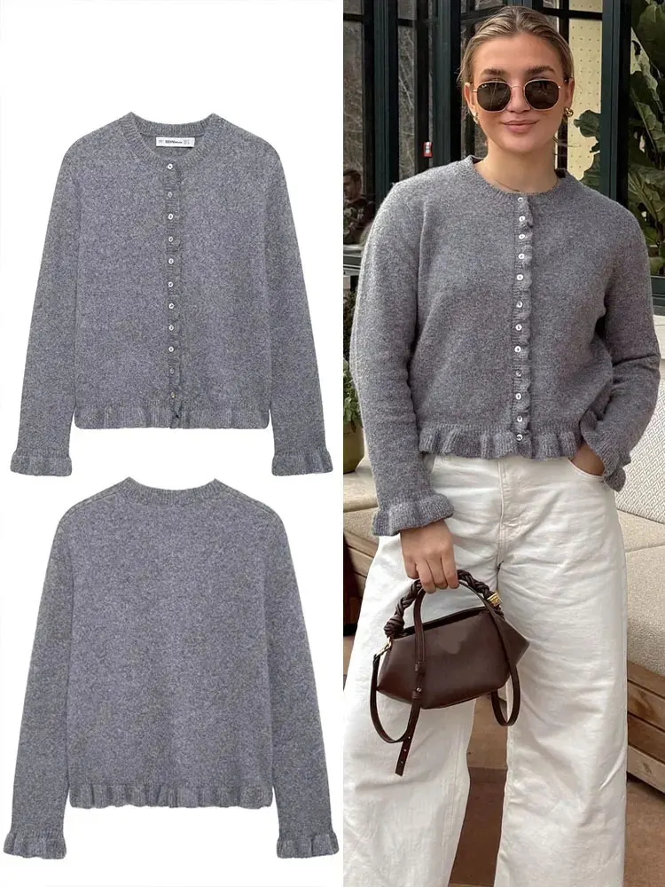 Elegante Damen-Strickjacke mit Rüschen, gestrickt, grau, O-Ausschnitt, Langarm-Pullover, Top, 2025, Herbst, vielseitige Basic-Damen-Oberbekleidung