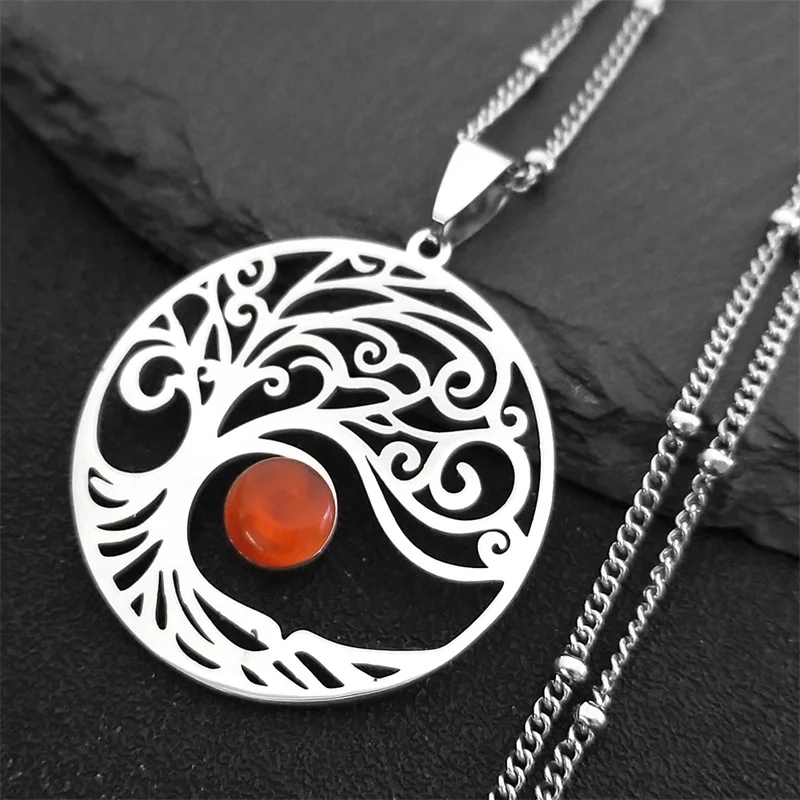Collana con ciondolo Bohemian Sun Tree of Life in acciaio inossidabile con opale, collana con ciondolo color argento da donna, gioielli collier femme N32S04