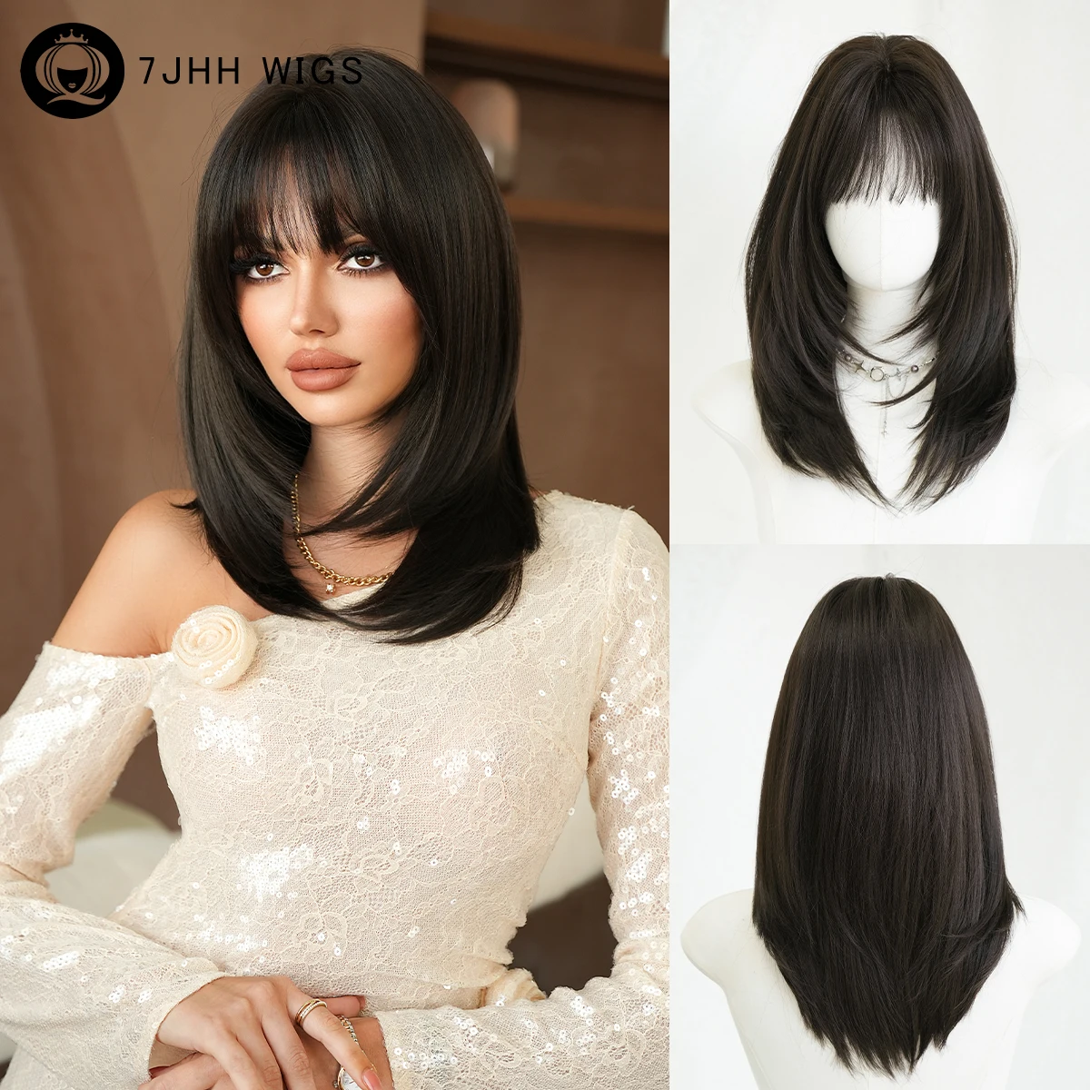 7JHH WIGS Schulterlange, glatte, dunkelbraune Perücke für Damen, synthetische, geschichtete, modische Perücke zum sofortigen Tragen mit ordentlichem Pony Image