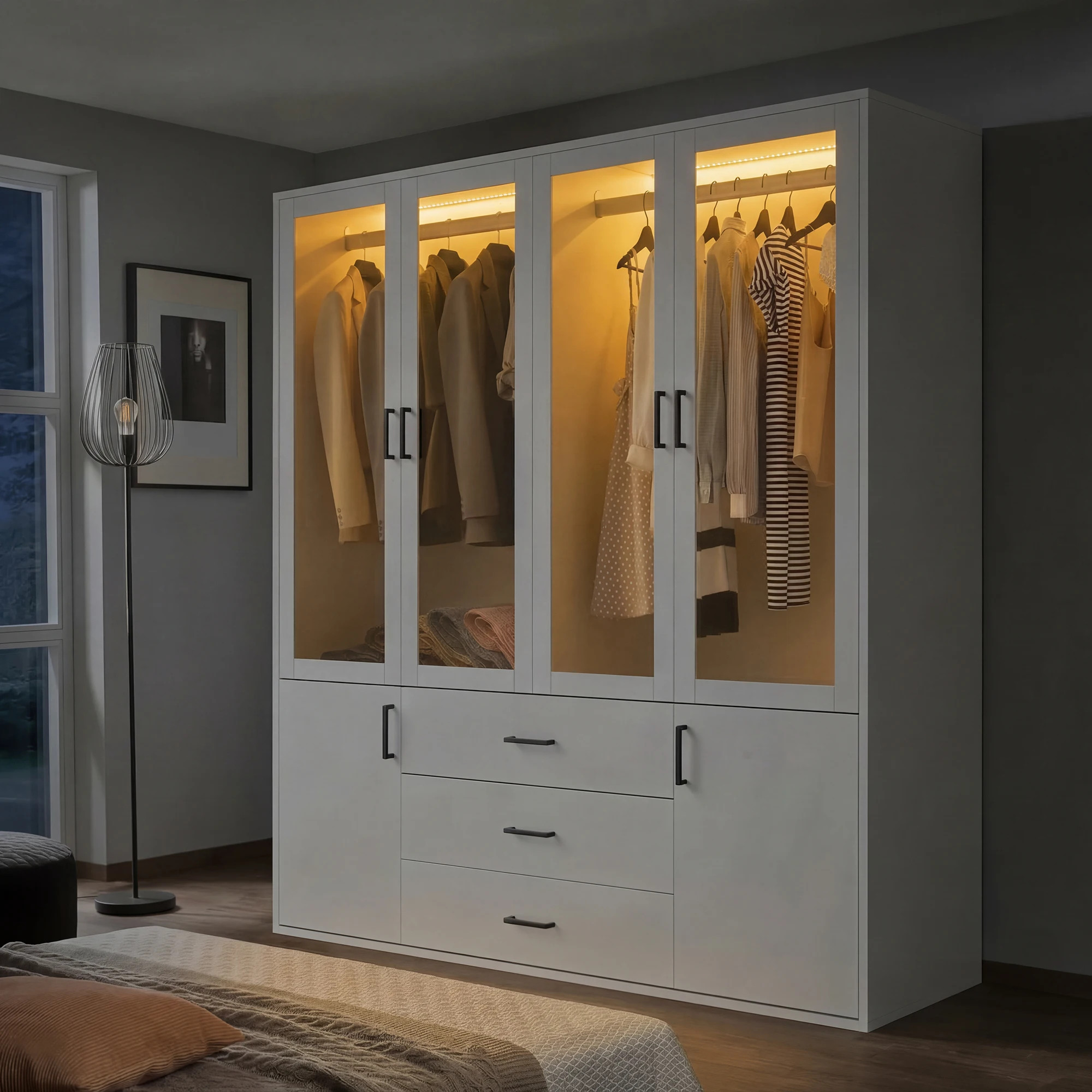 Rosahqnda Kleiderschrank, 3/4 Türen, 160/130 cm, mit transparenten Glastüren und Schubladen, Schlafzimmerschrank mit großem Fassungsvermögen, weiß Image