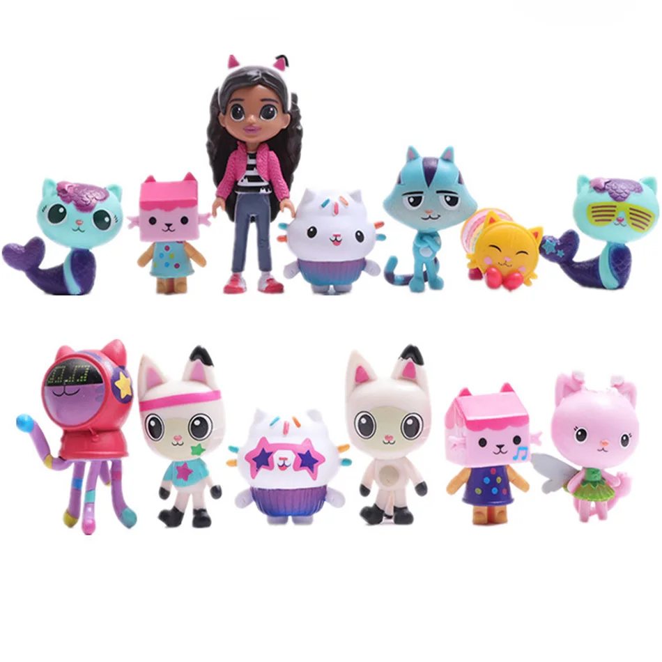 13-teiliges Anime Gabby Dollhouse Figuren-Set, Mercat Cartoon Plüschtiere, Lächelnde Auto-Katze, Gaby Mädchenpuppen, Kindergeburtstagsgeschenk Image