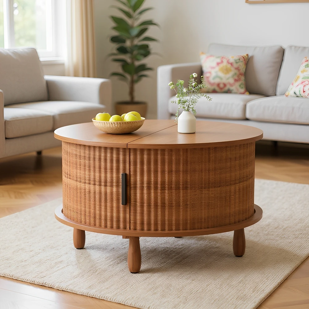 Runder Couchtisch aus Holz mit Klappfunktion und verschiebbaren, erhöhten Massivholzbeinen, gewellter runder Teetisch mit Stauraum, Braun Image
